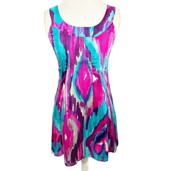 Nanette Leopore Dress A-Line Baby Doll 100% Silk Pink Blue Ikat Print Size 2 - Picture 1 of 9